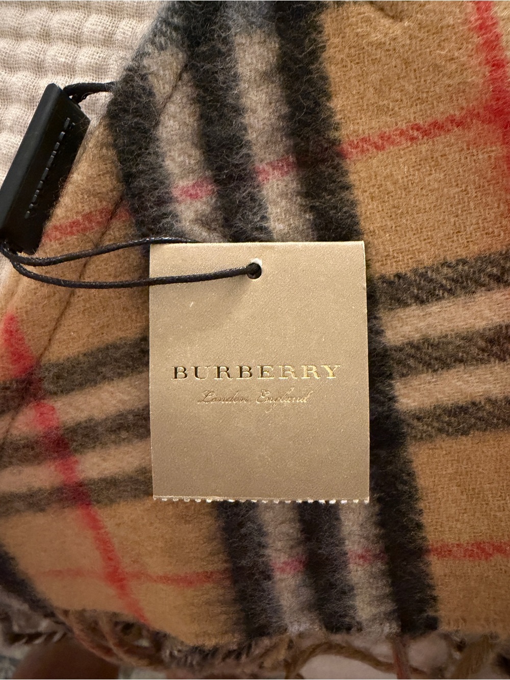 Burberry Tan Check Cashmere Scarf with Black and Red Accents